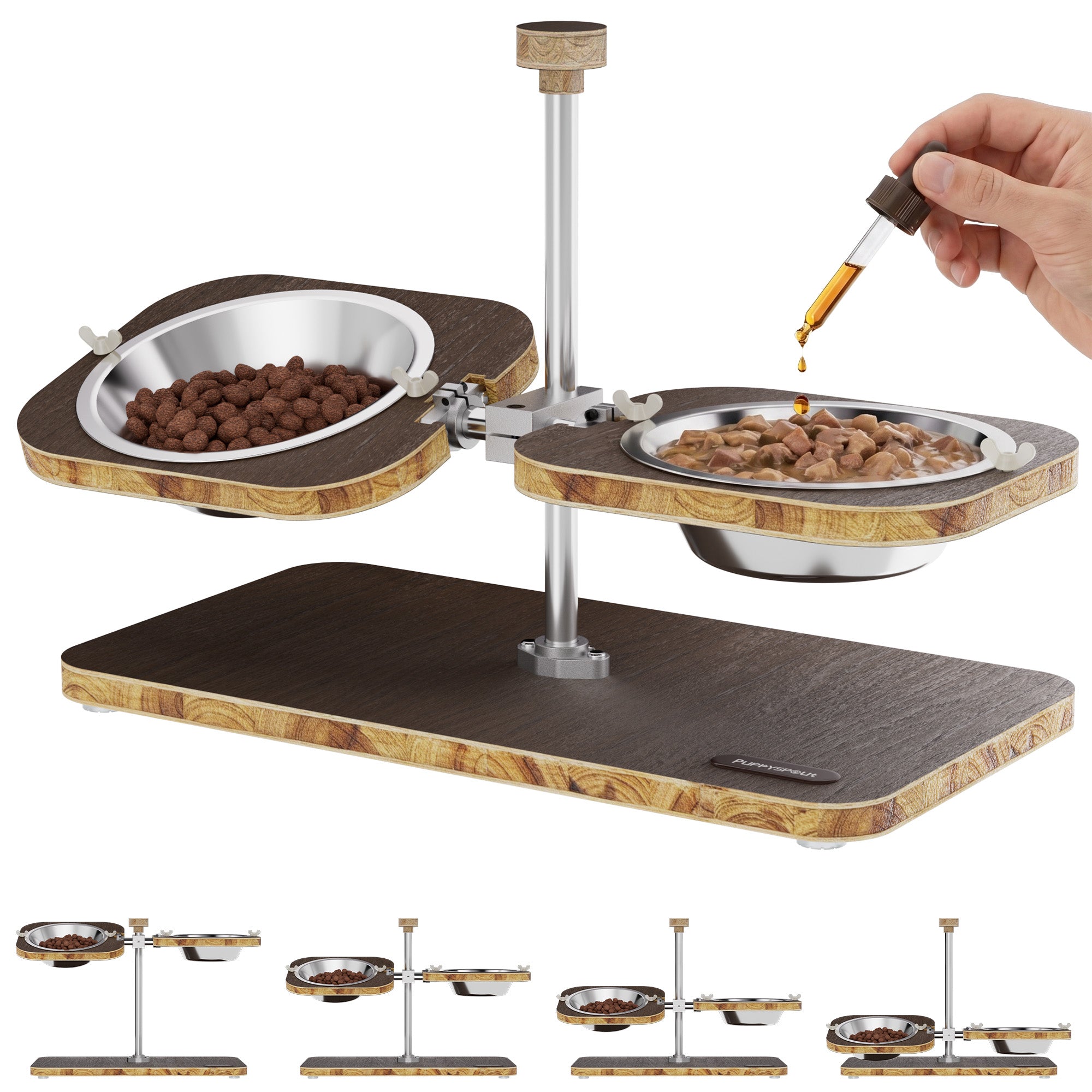 WF-A3U - Dark wood-pattern pet feeding stand - two stainless steel bowls