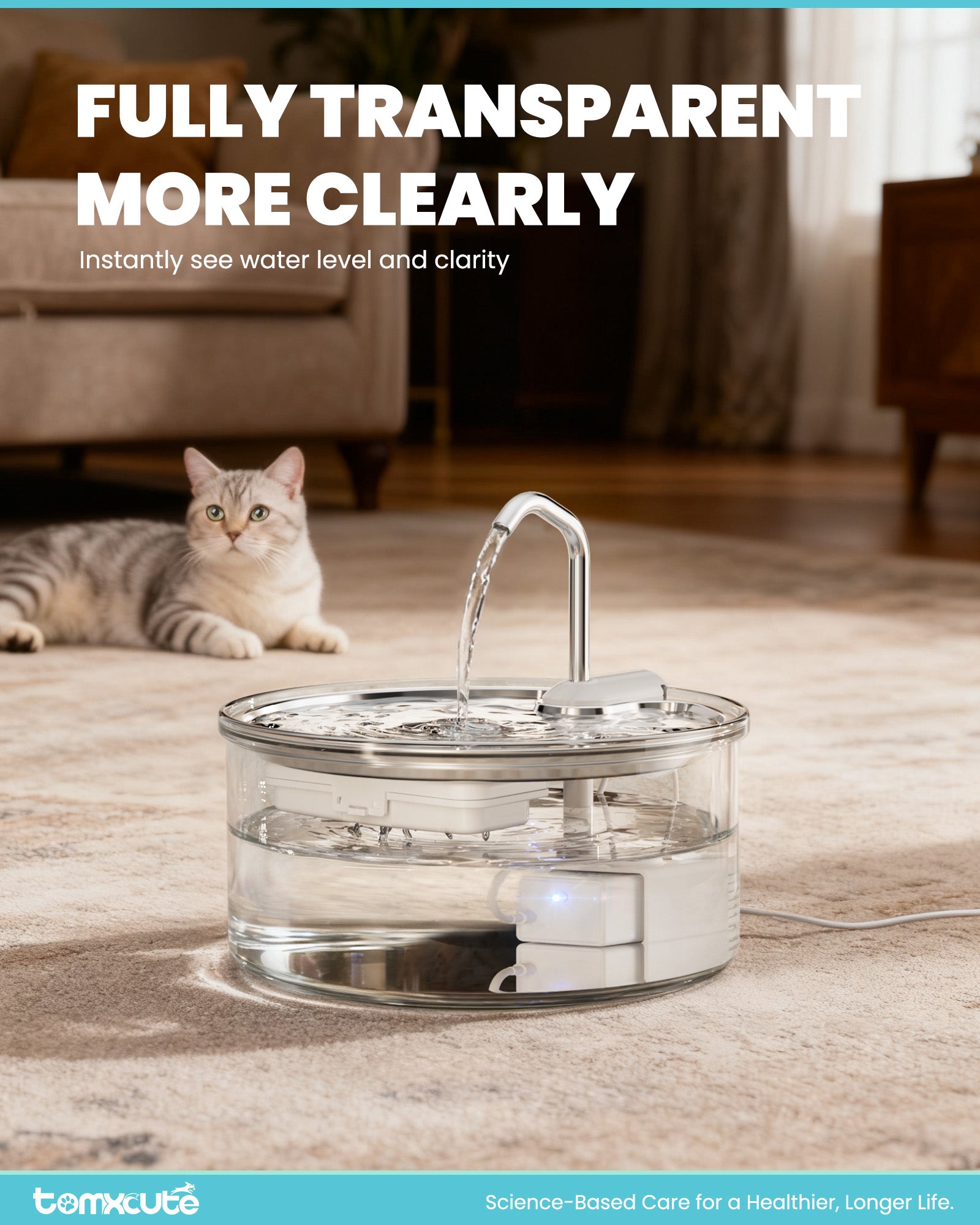 WF-P11G-Tomxcute Glass Cat Water Fountain - 108oz/3.2L Ultra-Quiet Cat Fountain for Drinking