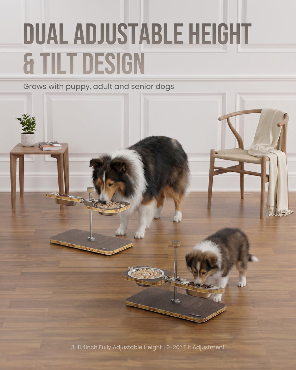 WF-A3U - Dark wood-pattern pet feeding stand - two stainless steel bowls