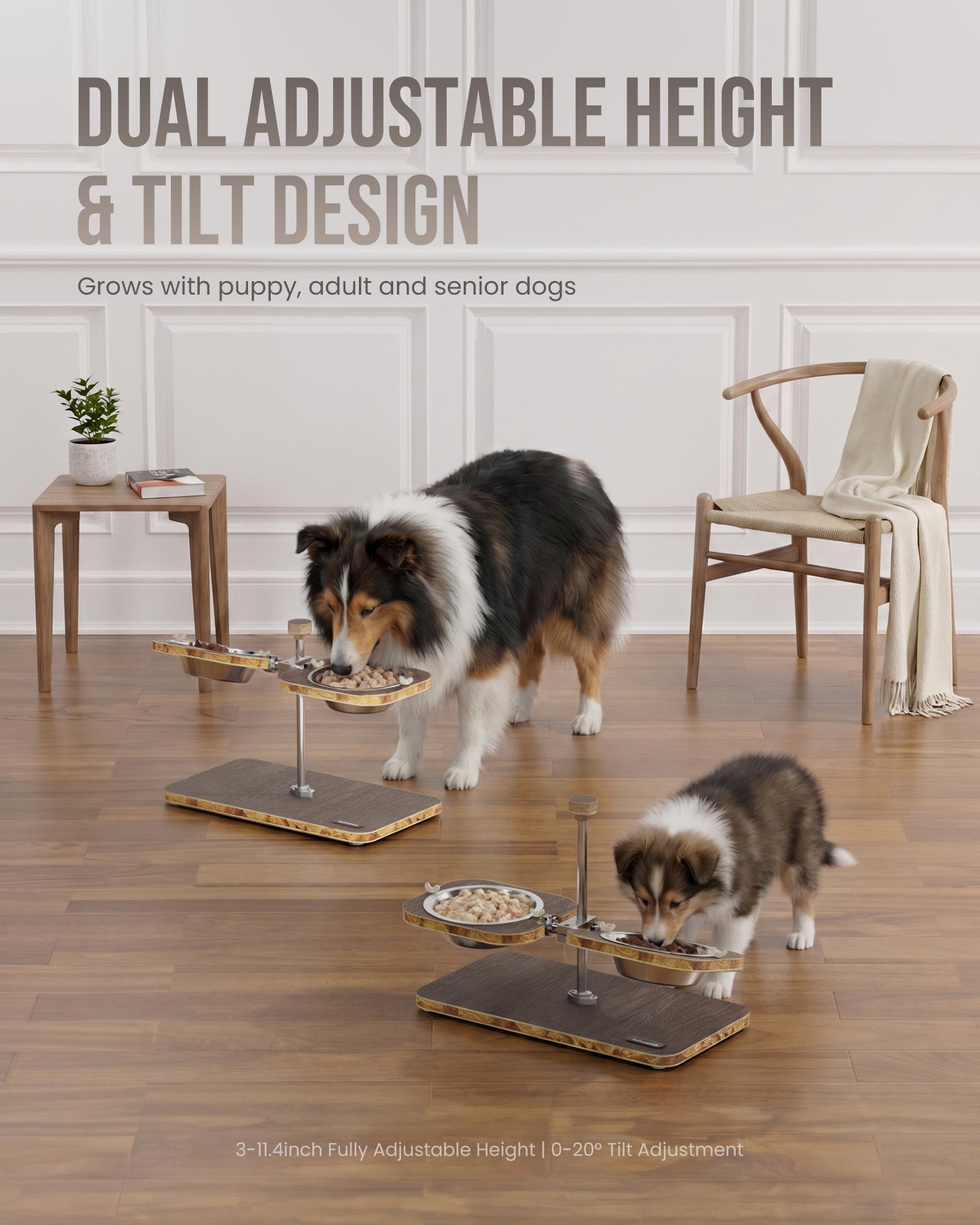 WF-A3U - Dark wood-pattern pet feeding stand - two stainless steel bowls