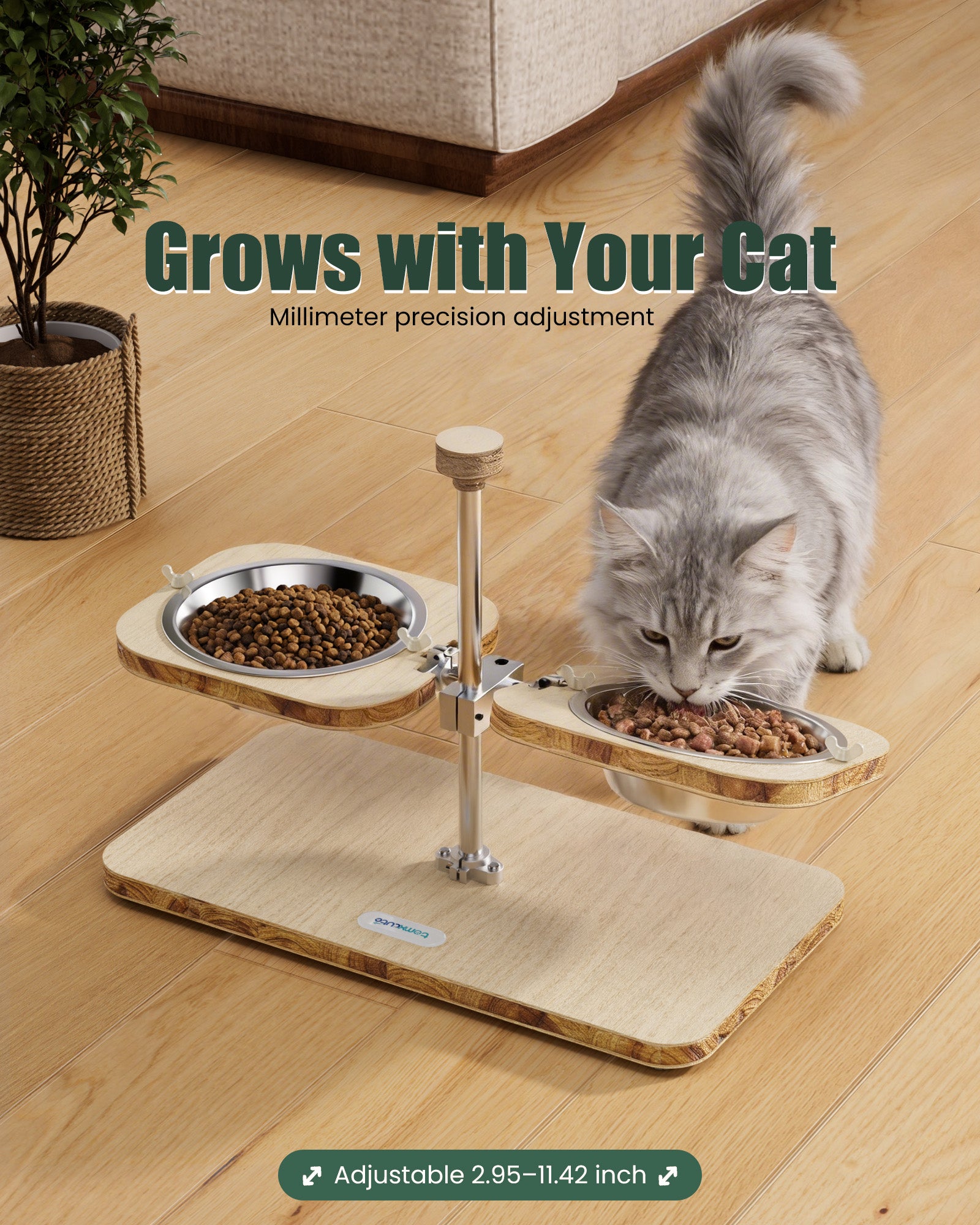 Light-colored wood-grain pet feeding stand - with two stainless steel bowls