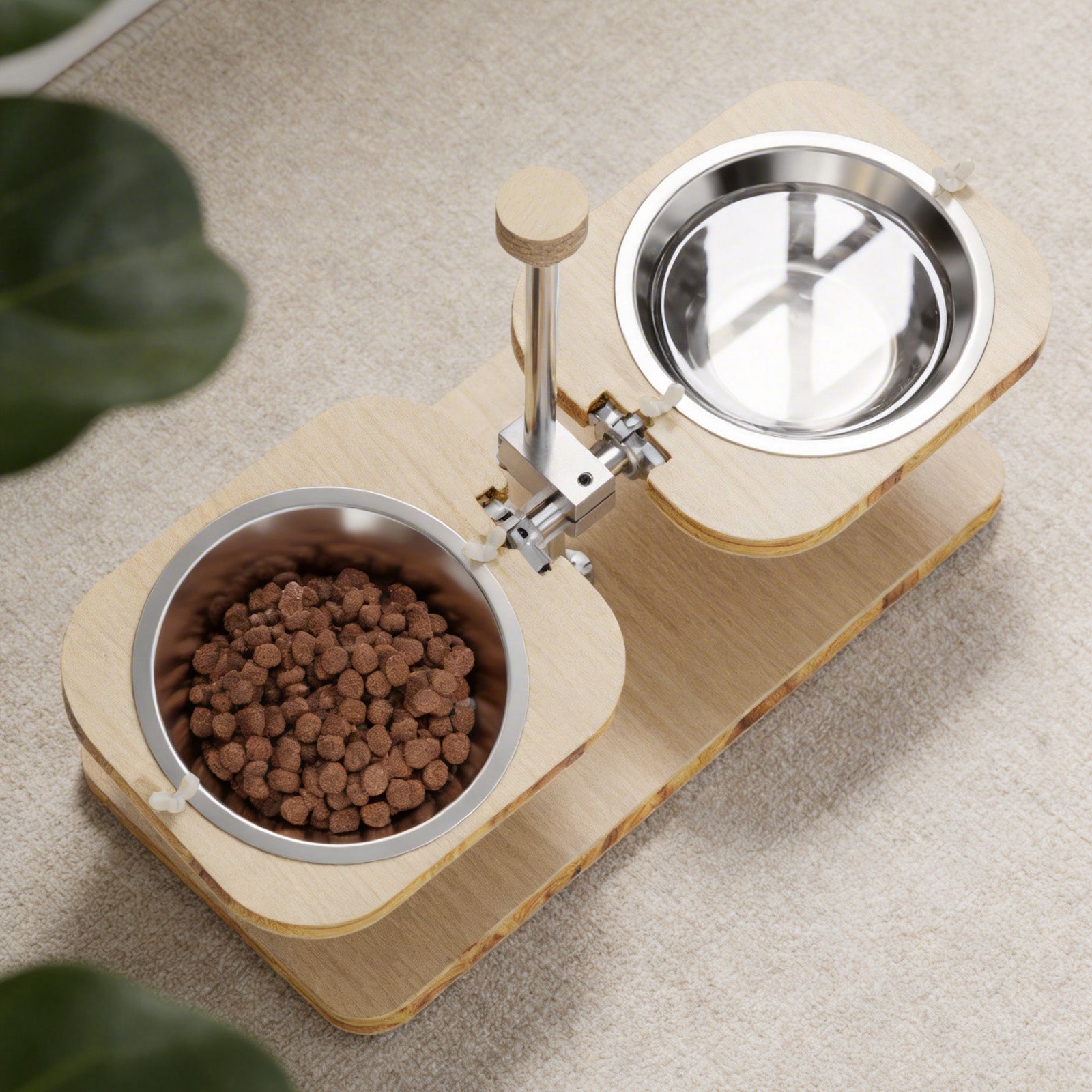Light-colored wood-grain pet feeding stand - with two stainless steel bowls
