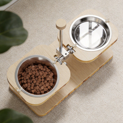 Light-colored wood-grain pet feeding stand - with two stainless steel bowls