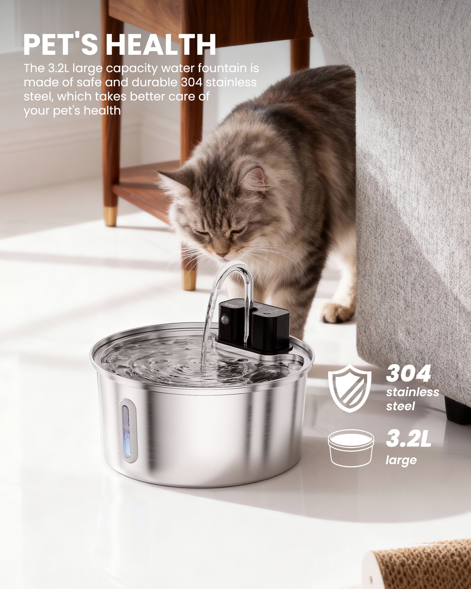 3.2L / 108oz Intelligent Sensor Stainless Steel Pet Water Dispenser