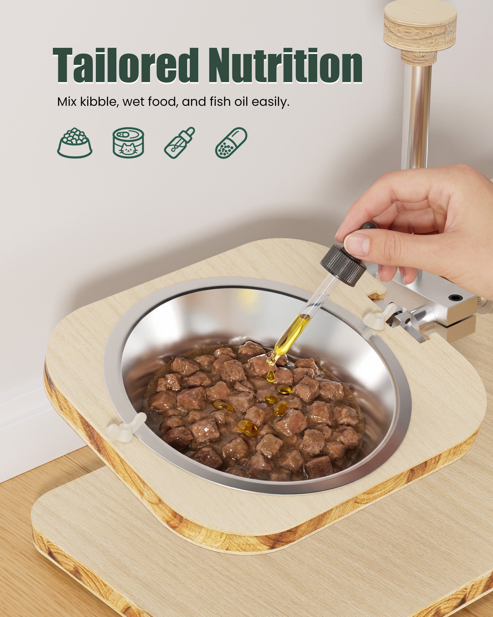 Light-colored wood-grain pet feeding stand - with two stainless steel bowls