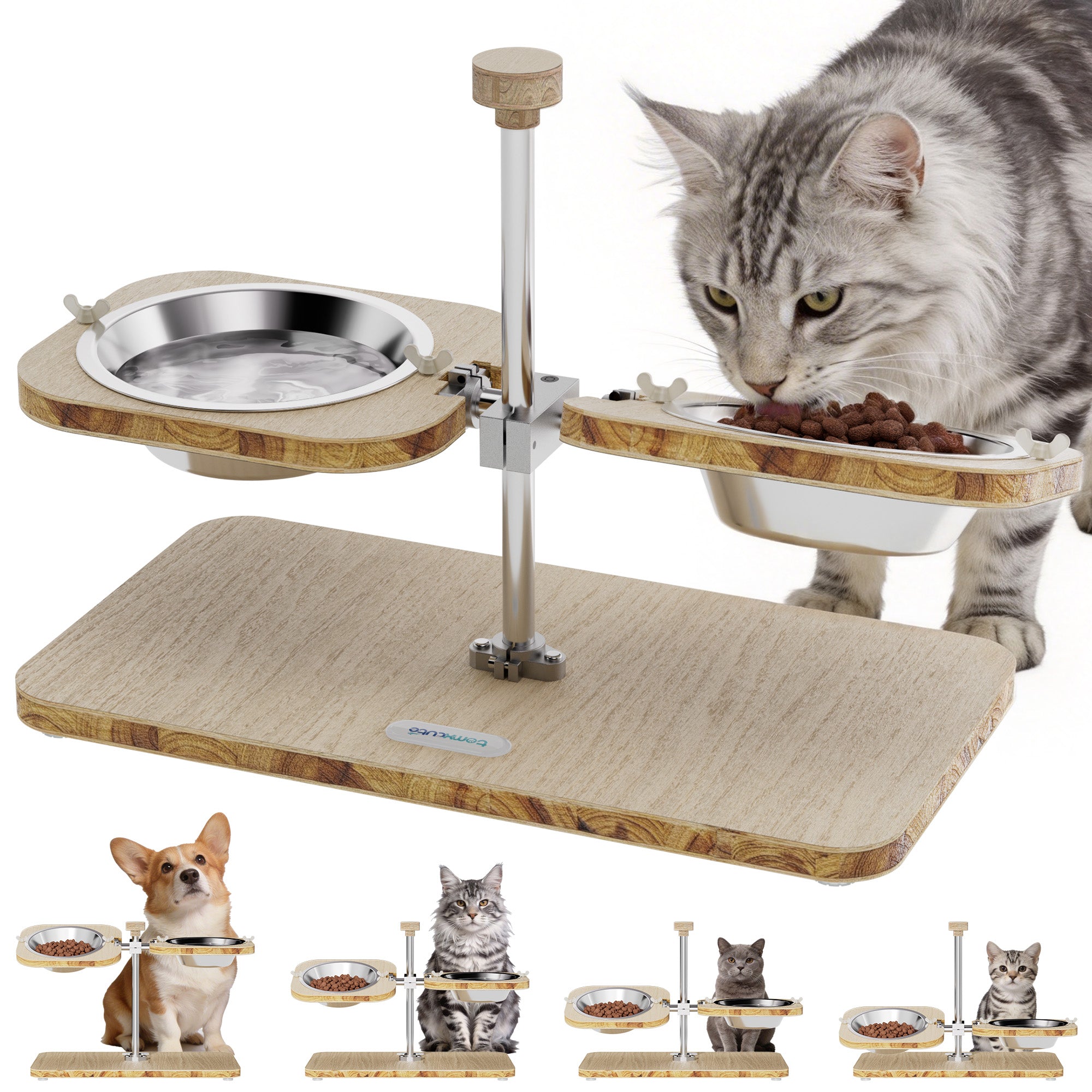 Light-colored wood-grain pet feeding stand - with two stainless steel bowls