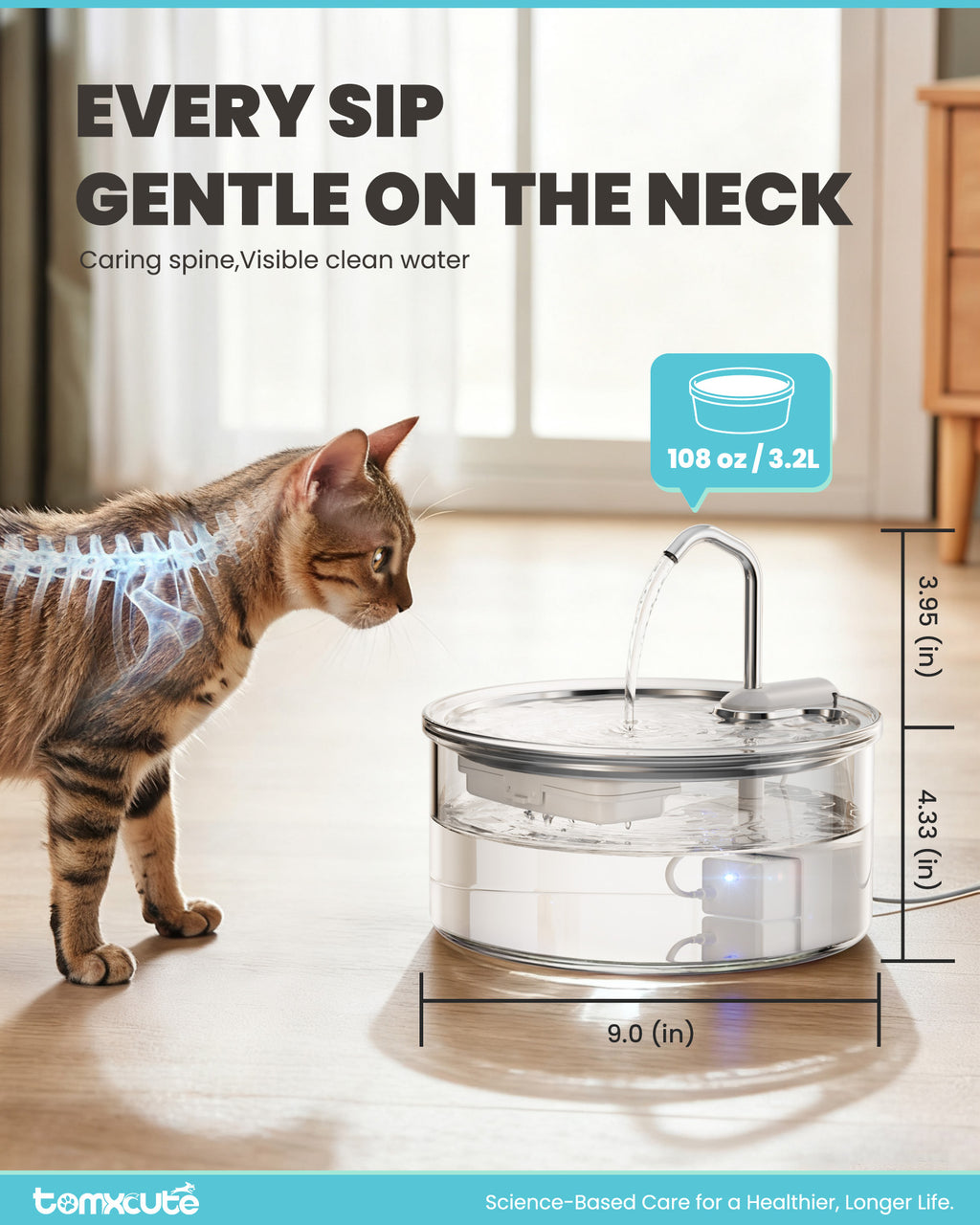 WF-P11G-Tomxcute Glass Cat Water Fountain - 108oz/3.2L Ultra-Quiet Cat Fountain for Drinking