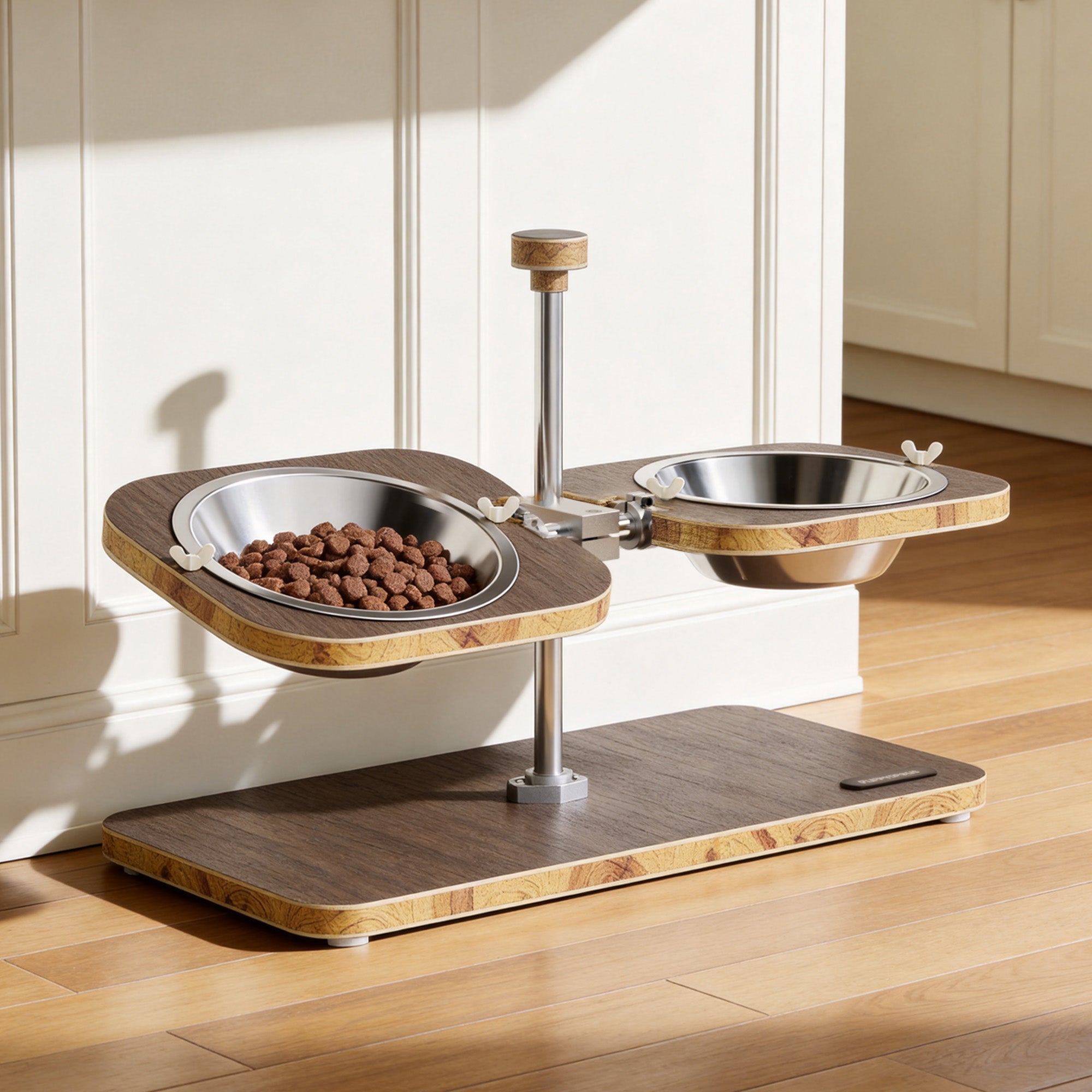 WF-A3U - Dark wood-pattern pet feeding stand - two stainless steel bowls