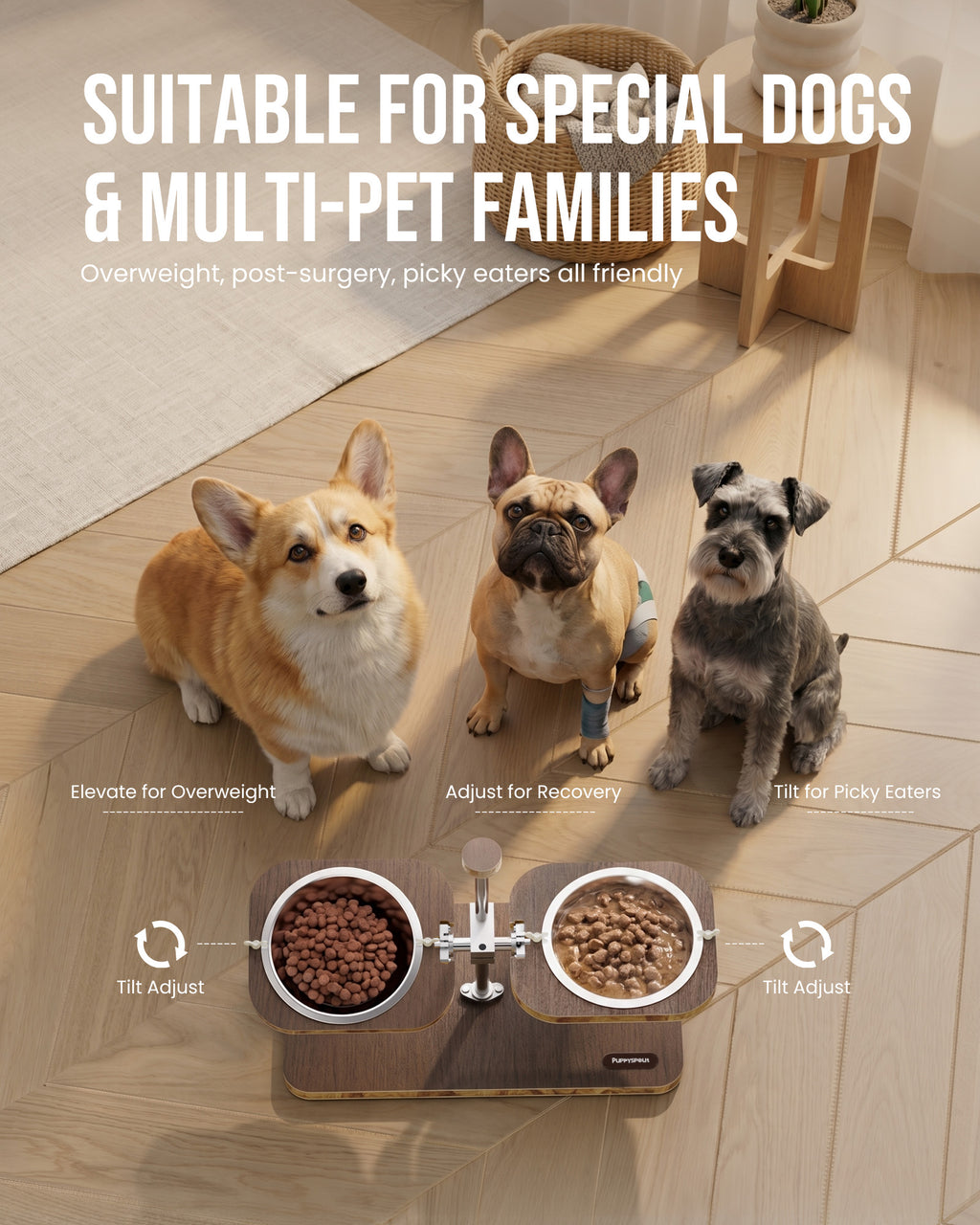 WF-A3U - Dark wood-pattern pet feeding stand - two stainless steel bowls