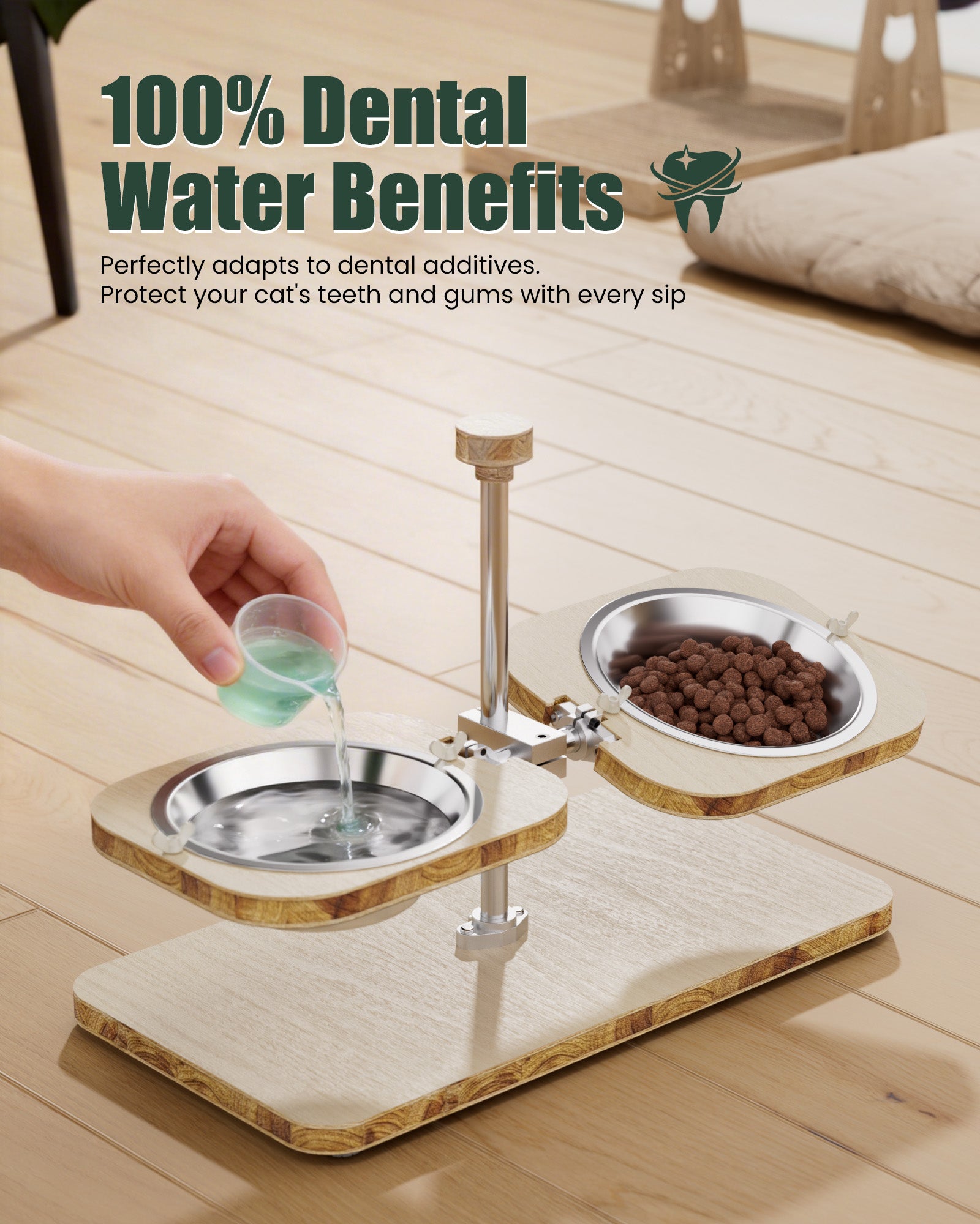 Light-colored wood-grain pet feeding stand - with two stainless steel bowls