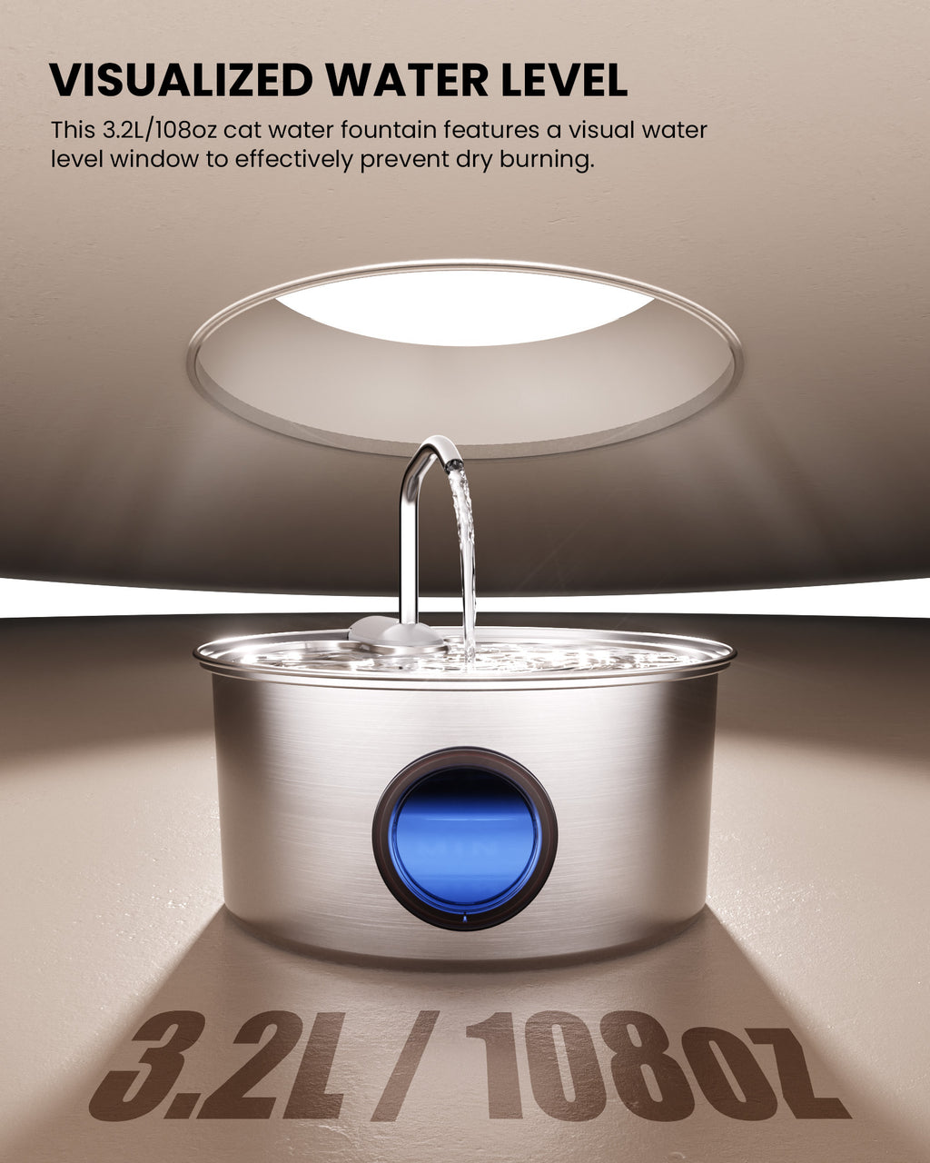 3.2L Stainless Steel Visible Window Pet Water Dispenser