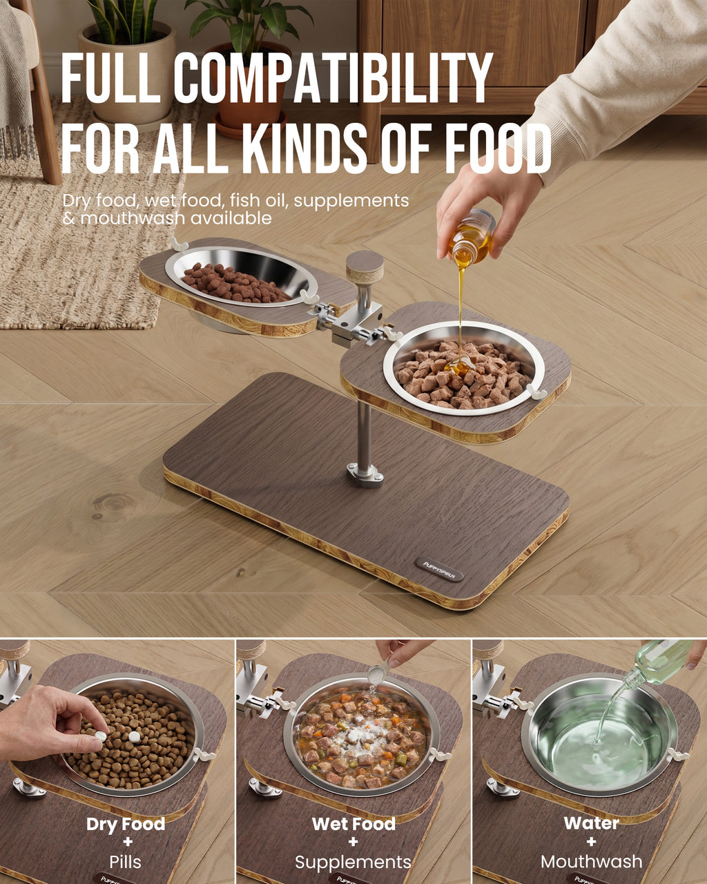 WF-A3U - Dark wood-pattern pet feeding stand - two stainless steel bowls
