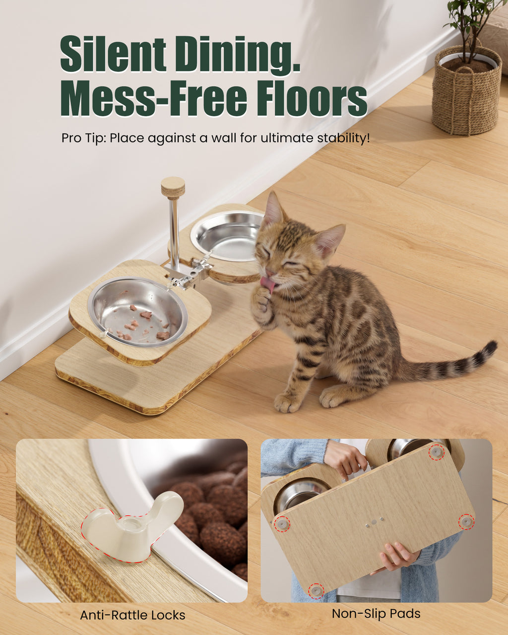 Light-colored wood-grain pet feeding stand - with two stainless steel bowls