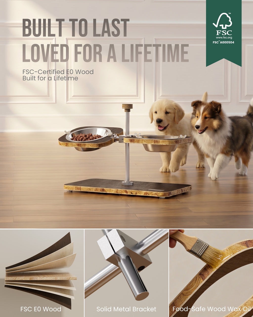 WF-A3U - Dark wood-pattern pet feeding stand - two stainless steel bowls