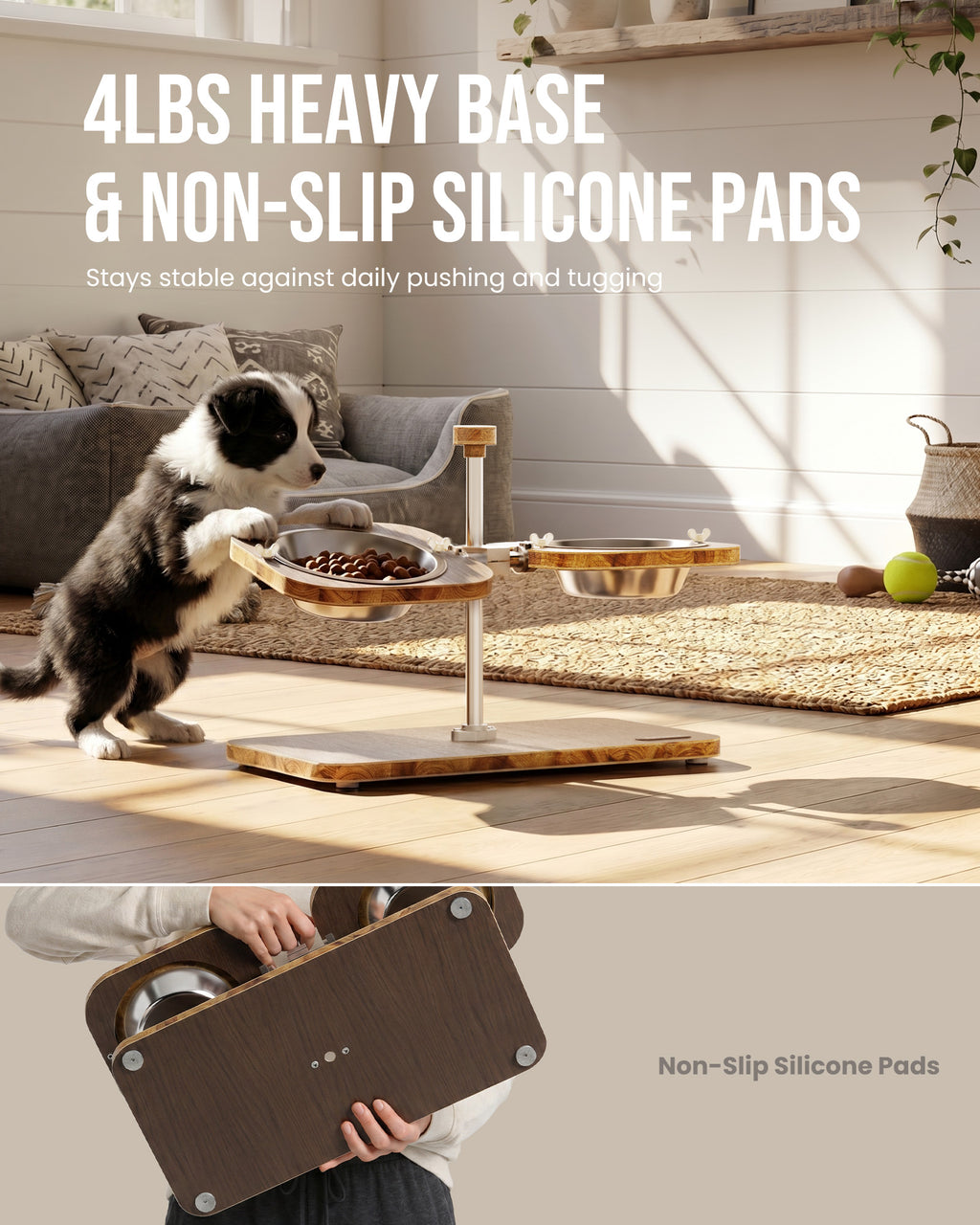 WF-A3U - Dark wood-pattern pet feeding stand - two stainless steel bowls
