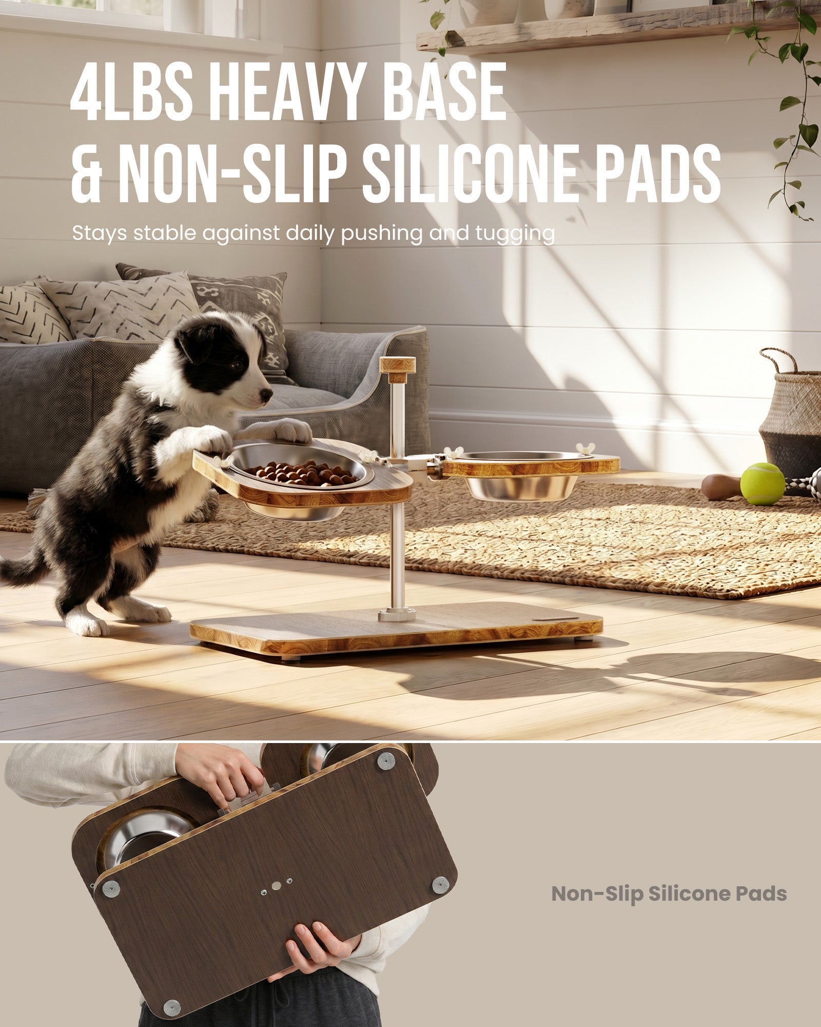 WF-A3U - Dark wood-pattern pet feeding stand - two stainless steel bowls