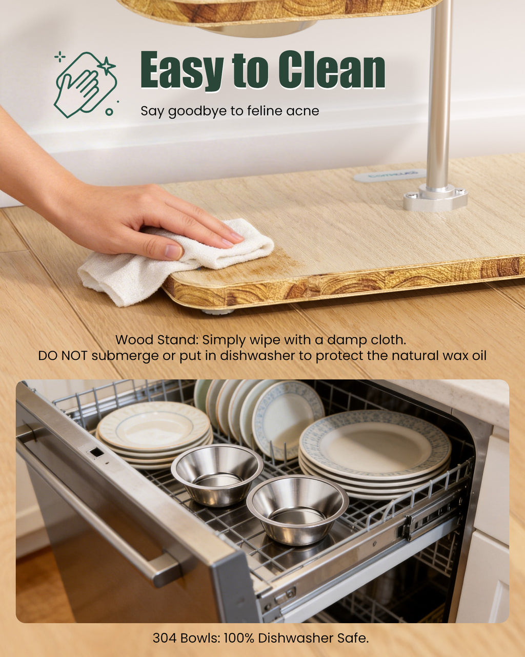 Light-colored wood-grain pet feeding stand - with two stainless steel bowls