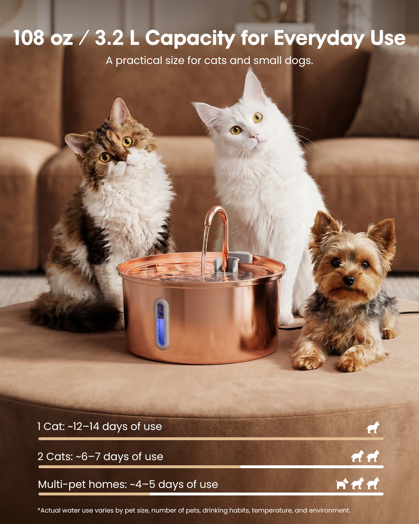 3.2L/108oz Electroplated Copper Pet Drinking Water Dispenser