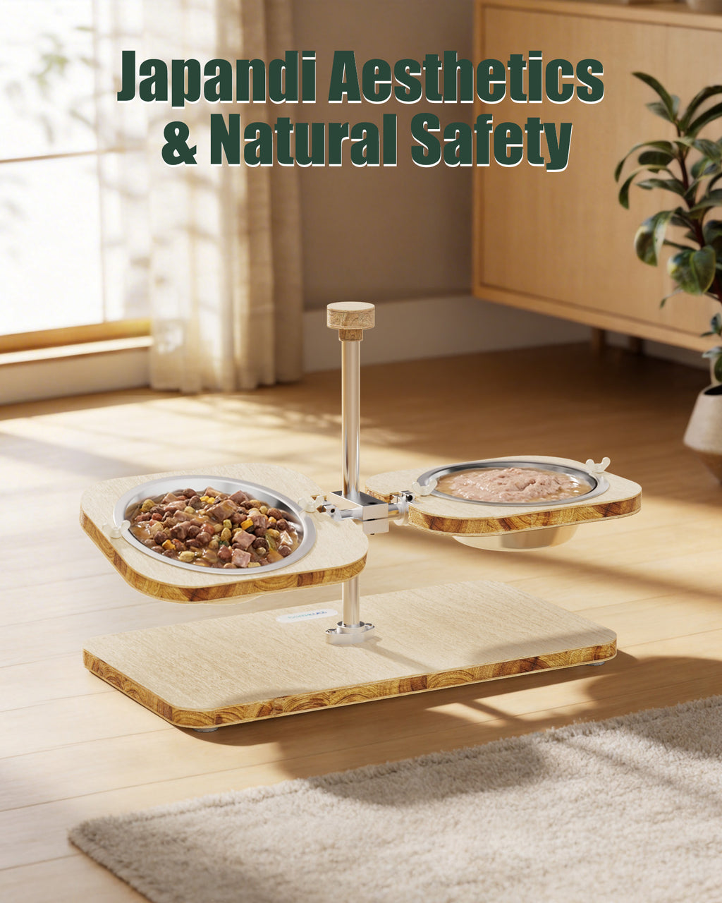 Light-colored wood-grain pet feeding stand - with two stainless steel bowls