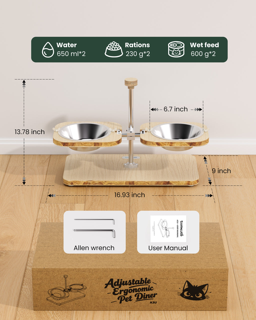 Light-colored wood-grain pet feeding stand - with two stainless steel bowls
