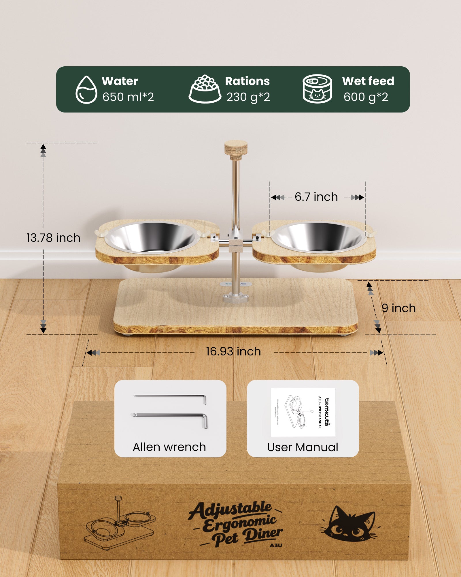 Light-colored wood-grain pet feeding stand - with two stainless steel bowls