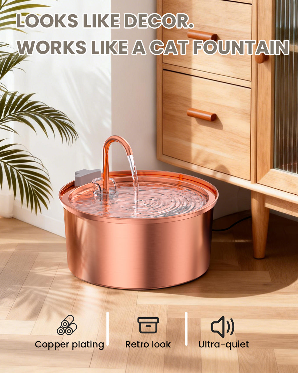 Tomxcute Stainless Steel Cat Water Fountain with Copper-Plated 108oz/3.2L
