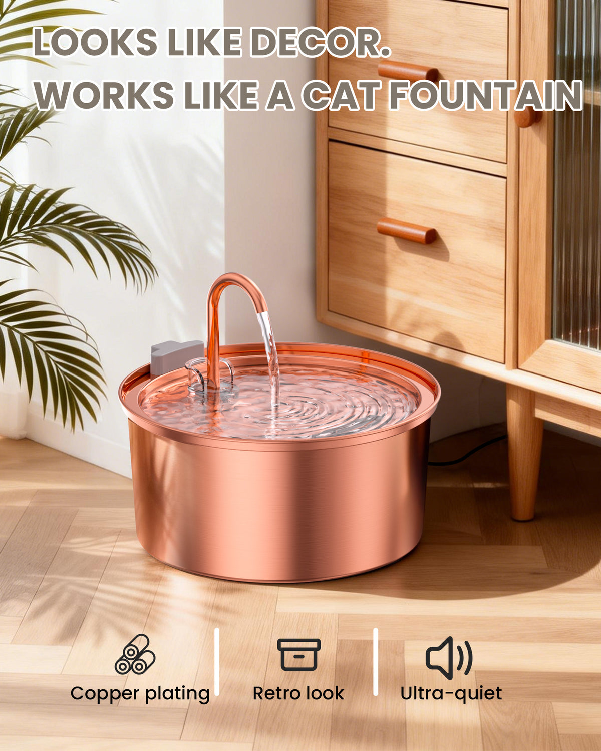 Tomxcute Stainless Steel Cat Water Fountain with Copper-Plated 108oz/3.2L
