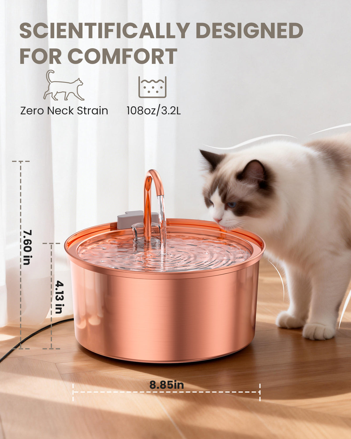 Tomxcute Stainless Steel Cat Water Fountain with Copper-Plated 108oz/3.2L