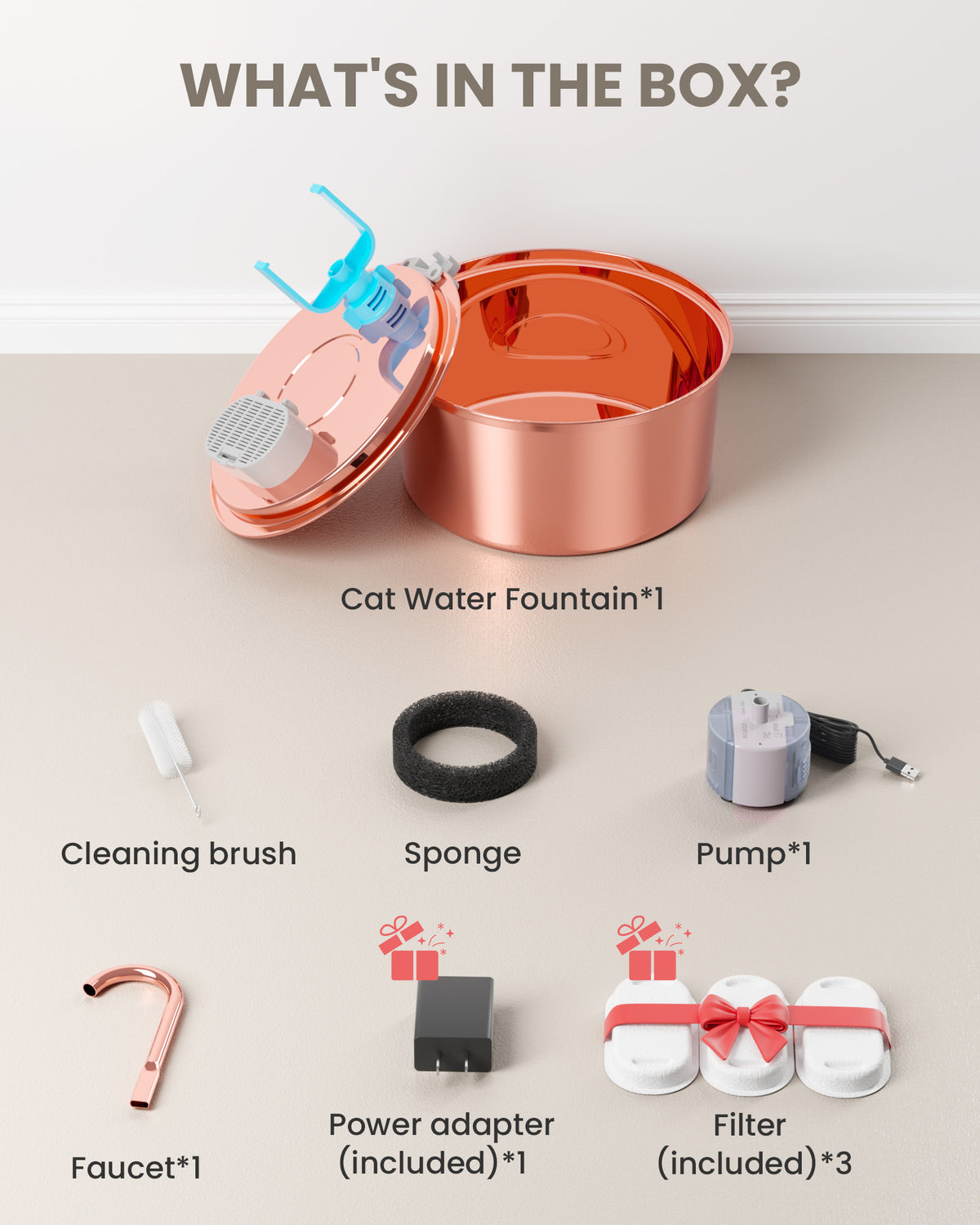 Tomxcute Stainless Steel Cat Water Fountain with Copper-Plated 108oz/3.2L