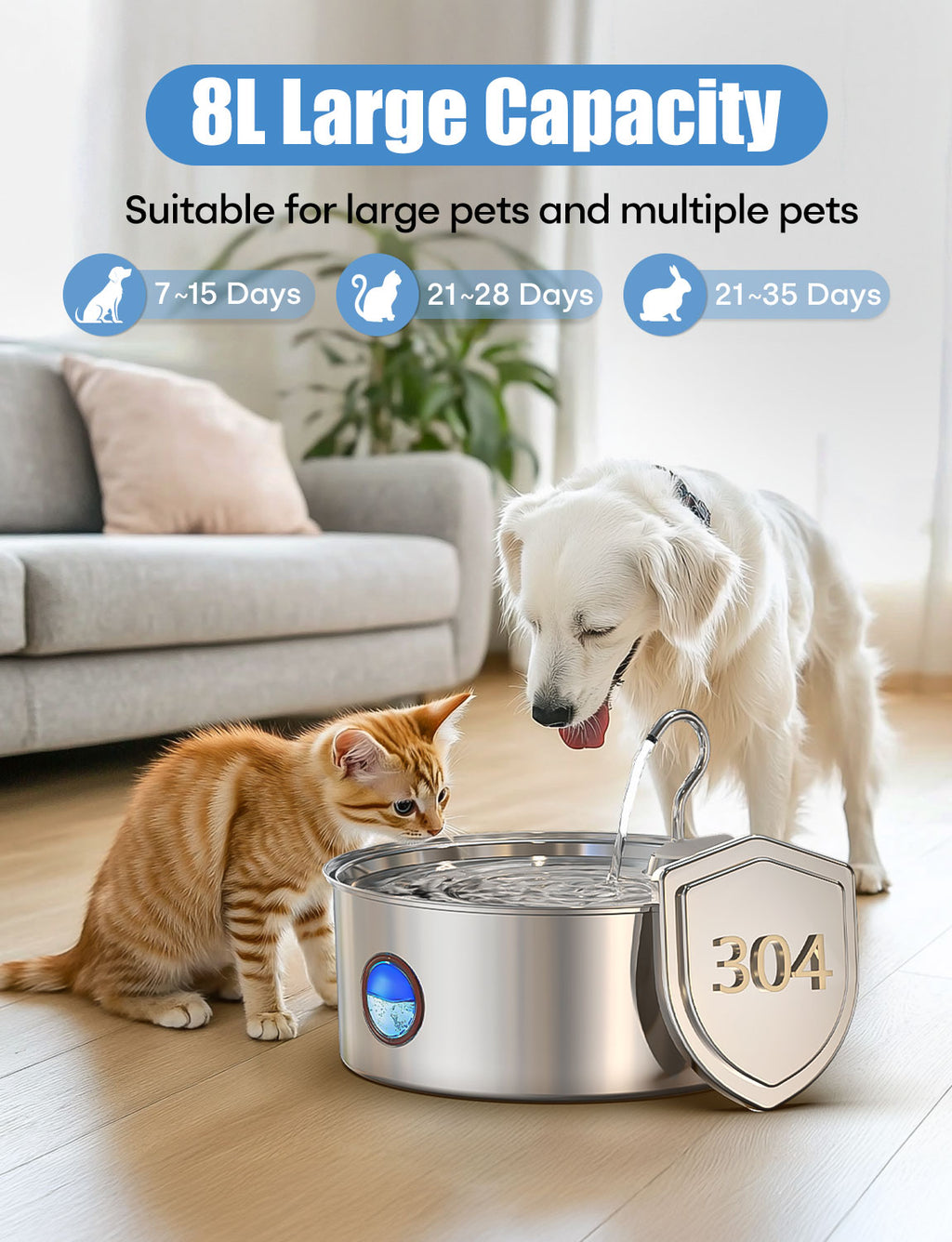 8L / 270oz Large Dog Multi-Pet Smart Water Dispenser Wireless Sensor WF-G20N