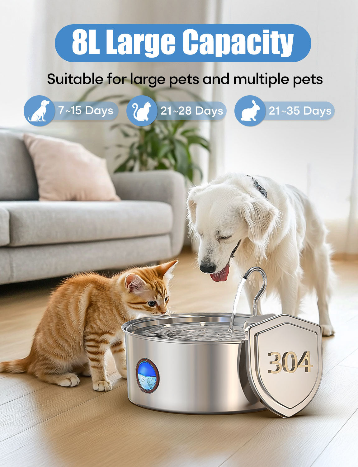 8L / 270oz Large Dog Multi-Pet Smart Water Dispenser Wireless Sensor WF-G20N