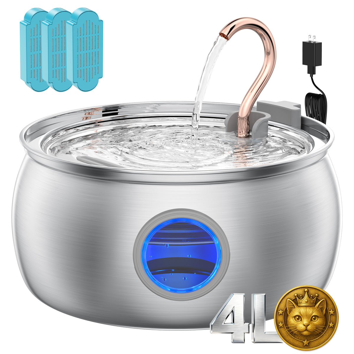 4L / 135oz Stainless Steel Pet Water Dispenser with Visual Window WF-T2CWX
