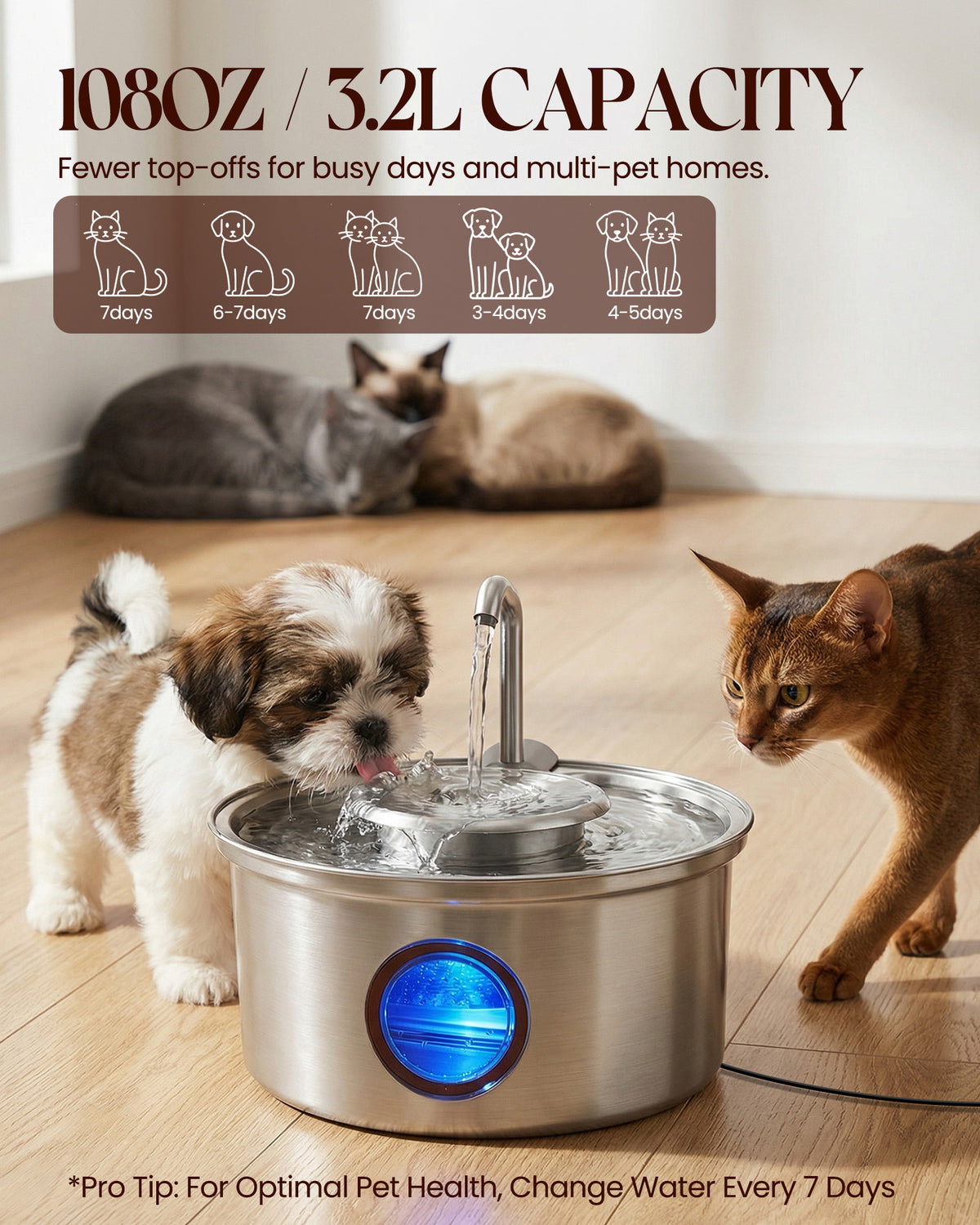 3.2L Stainless Steel Pet Water Dispenser with Water Storage Bowl
