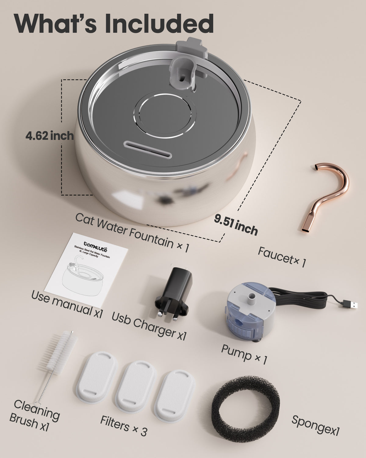 Tomxcute Stainless Steel Cat Water Fountain, Swan Neck Multi-Pet Dispenser